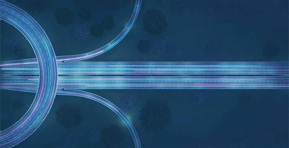 Birds Eye view of a highway road highlighted in neon blue within a grass field